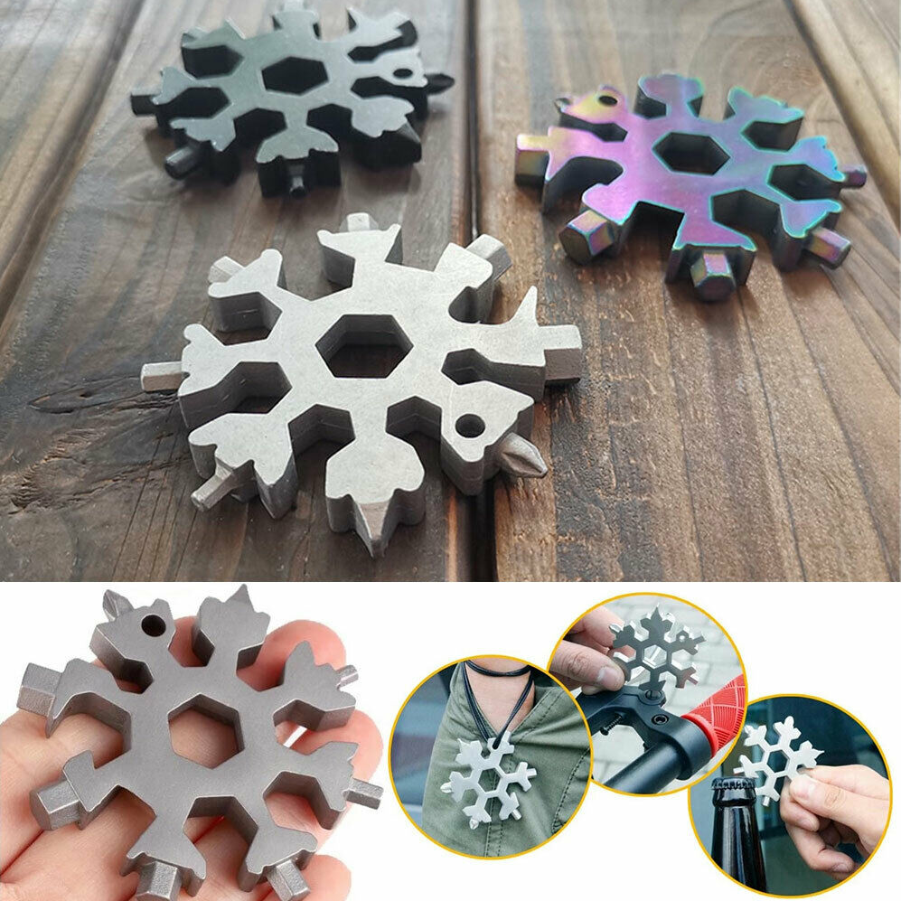18-in-1 Multi-Tool Snowflake Keychain Portable Camping Tool has an Outdoor design. stainless steel Snowflakes shaped shape screws screwing screwdrivers screwdriver screw multifunctional Multifunction multi-functioning multi-functional multi-function Multi keys Keyrings keyring Keychains keychain key chain DIY Allen Key