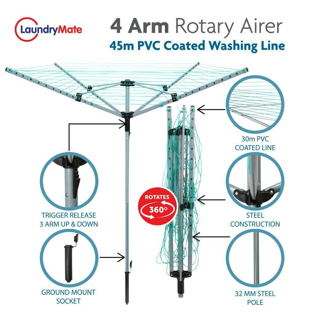 Rotary Outdoor Washing Lines Each size comes with a free cover and ground socket Premium quality washing washed wash Spike Rotary quick drying outside outdoors outdoor-living outdoor out lines Liners Linen line laundry Ground Free drying Dryers dryer dry covers Coverings Covering cover clothing clothes Arm Airer's Airer