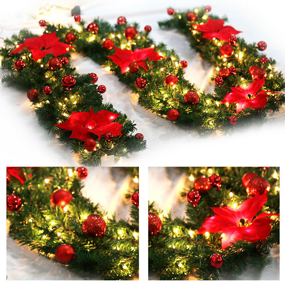 Red 9ft Pre-Lit Christmas Garland Wreath with LED Lights This wreath comes with a LED light string, variety of baubles, flowers and leaves interwoven Xmas with pre lit led's LED lights led display frontdoor Fireplace fairy lights doorway doors door decors Decorative Decorations decoration decorating decorate decor christmas tree christmas day
