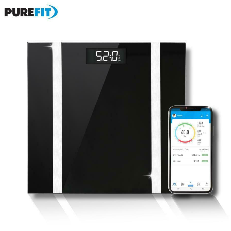 12 Measure Bluetooth Bathroom Scale with 13 Key Body Composition Measurements Pair your scale to the app and sync data weights weightloss weight Weighing weighin weigh water Scales purefit muscles muscle measures measure Mass gyms gym fitness Fat Bone bodytone Body BMI bathrooms bathroom accessories app Age
