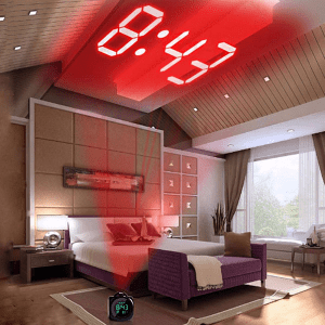 Digital Alarm Clock Projector screen that displays time, temperature, humidity, White wake up Spotlight projects Projectors Projector projection Projected project or mornings morning lights lighting Light-up Light in Digital clock's Clock Black bedrooms bedroom alarms alarm clocks alarm clock