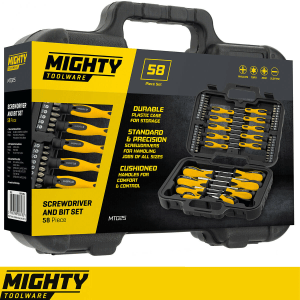 Mighty Toolware 58pc Screwdriver Bit Set Standard and precision screwdrivers for handling jobs of all sizes Cushioned handles for comfort and control toolset tools toolkit toolbox tool set tool kit tool box Tool Storage sets screws screwing screwdriver Precision Pozi Phillips flat drivers driver drill bits cases case carry case Bits 58pcs