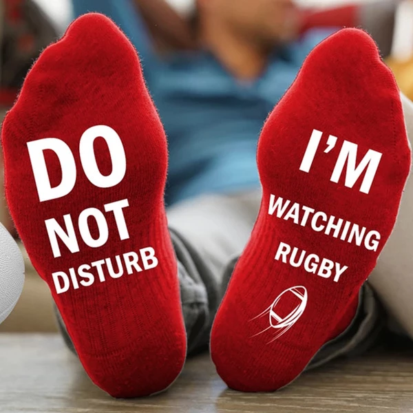 red 'I'm Watching Rugby' Socks Give the rugby fan a gift hilarious novelty socks slogan Do not disturb watching watch union TV toes toe team teams sports sport sock present nations mens men match man league home great gift games game day game fun foot feet fans fan cotton comfortable clothing cheeky breathable boy ball adult