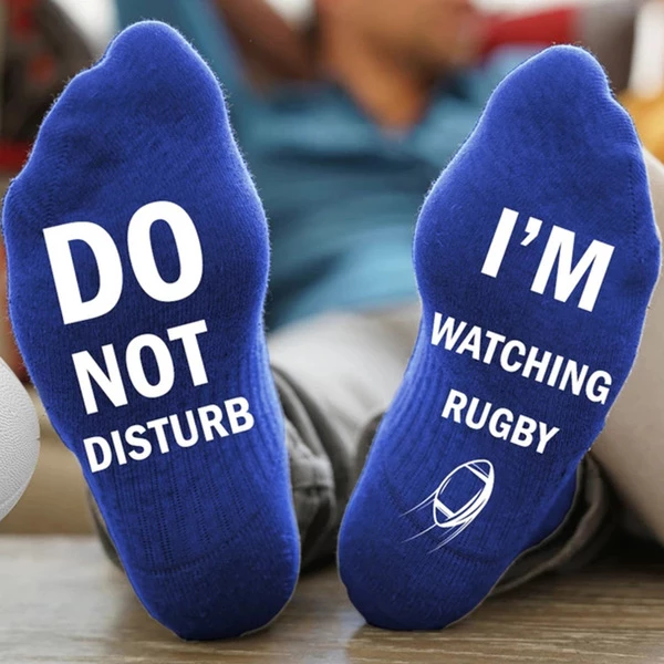 blue 'I'm Watching Rugby' Socks Give the rugby fan a gift hilarious novelty socks slogan Do not disturb watching watch union TV toes toe team teams sports sport sock present nations mens men match man league home great gift games game day game fun foot feet fans fan cotton comfortable clothing cheeky breathable boy ball adult