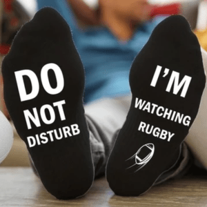 black 'I'm Watching Rugby' Socks Give the rugby fan a gift hilarious novelty socks slogan Do not disturb watching watch union TV toes toe team teams sports sport sock present nations mens men match man league home great gift games game day game fun foot feet fans fan cotton comfortable clothing cheeky breathable boy ball adult