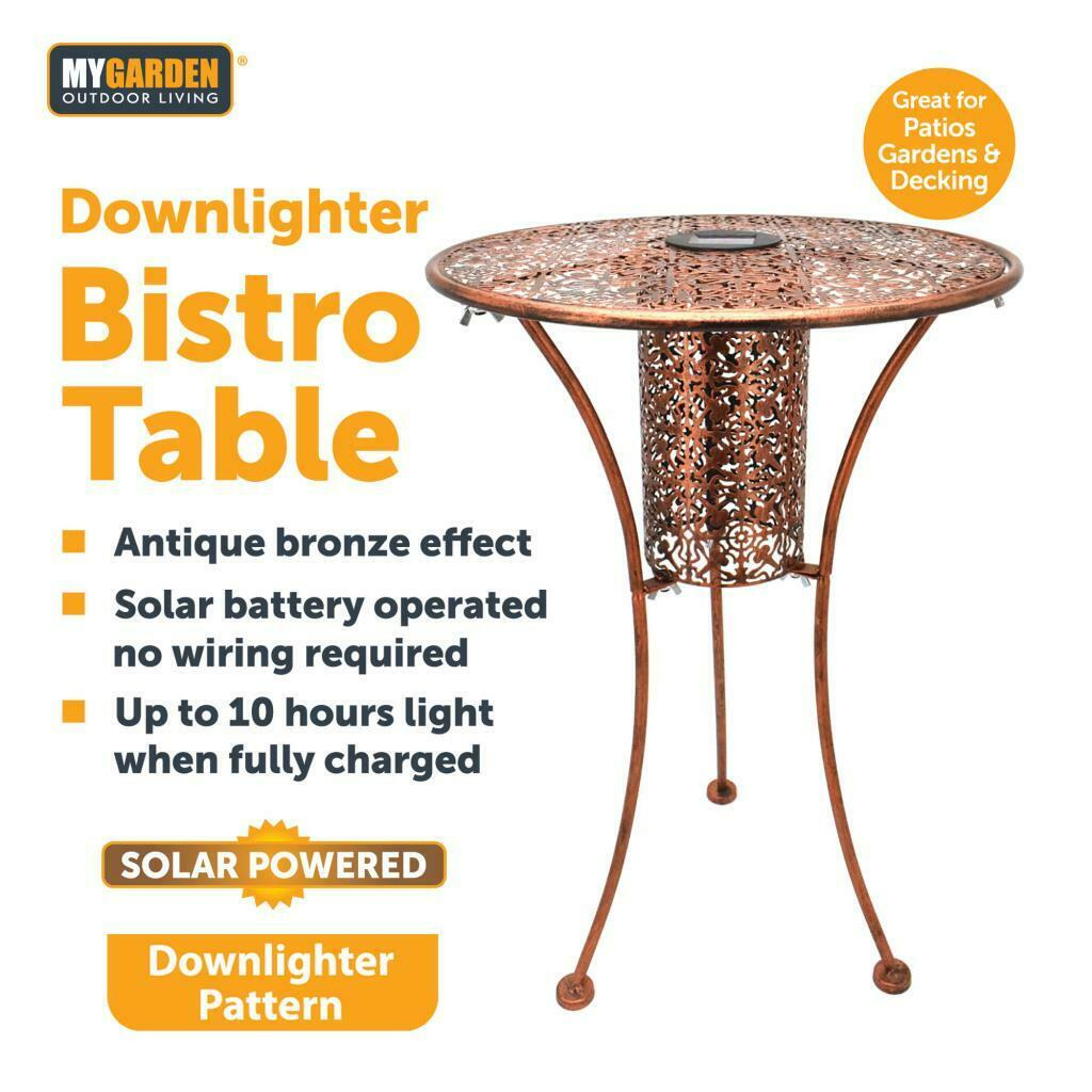 Metal Round Filigree Silhouette Garden Patio Bistro Table With Solar LED Lights