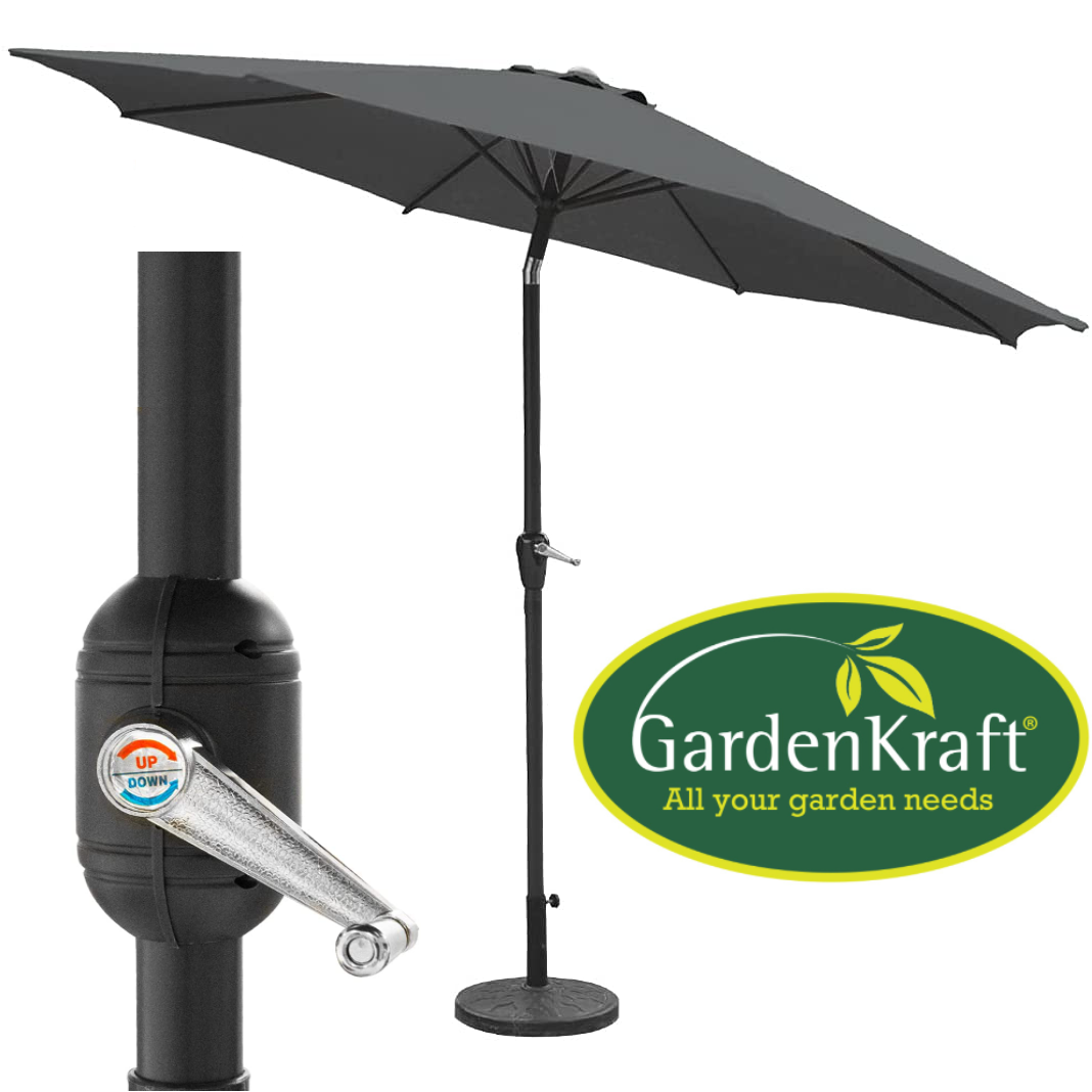 GardenKraft 2.7m Diameter Outdoor Garden Parasol Tilt & Crank Mechanism UV